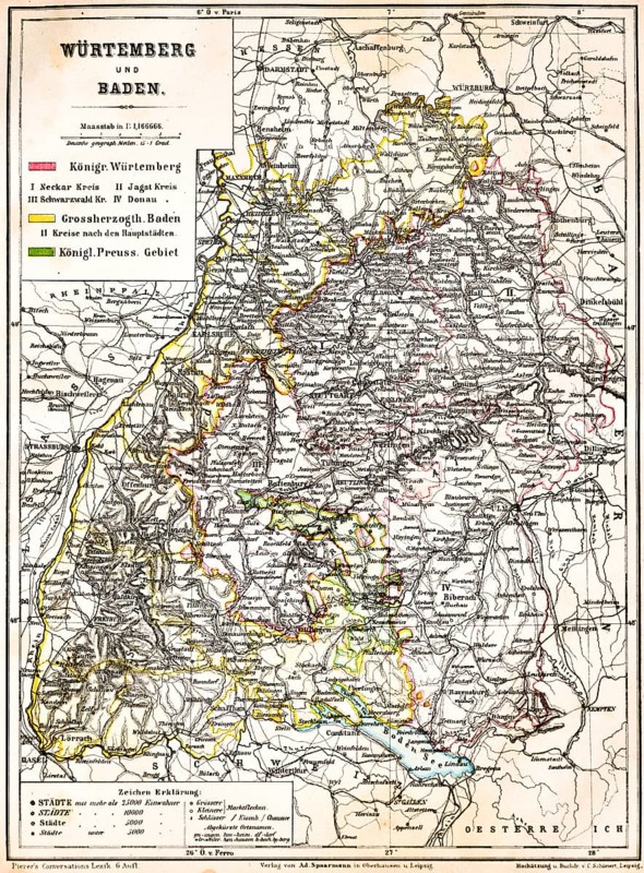 Colored topographic map of the Kingdom of Würtemberg and Grand Duchy of Baden, Royal Prussian Territory, scale in geographical terms, latitude, longitude, city size, number of inhabitants, border river Rhine, Lake Constance, topography, Württemberg, historical map from 1876