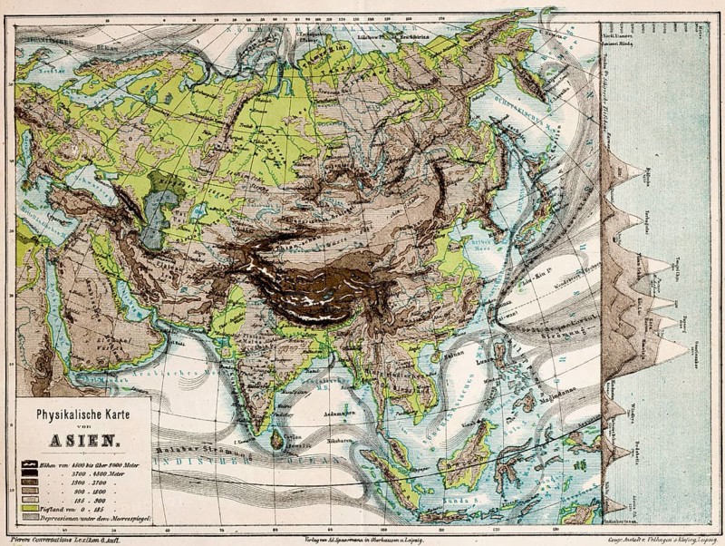 Colored physical map of the continent of Asia, altitudes, mountains, plains, lowlands, glaciers, depressions below sea level, currents, plate tectonics, latitudes, longitudes, topography, historical map from 1876