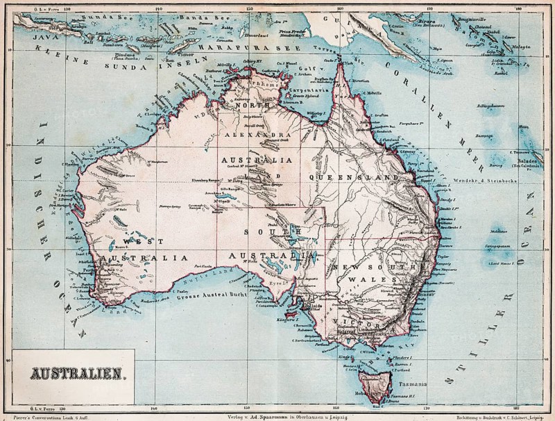 Color topographic map of the island of Australia, latitude, longitude, topography, Tasmania, Lesser Sunda Islands, coral sea, Indian Ocean, Australian states, Alexandra, Vistoria, historical map from 1876