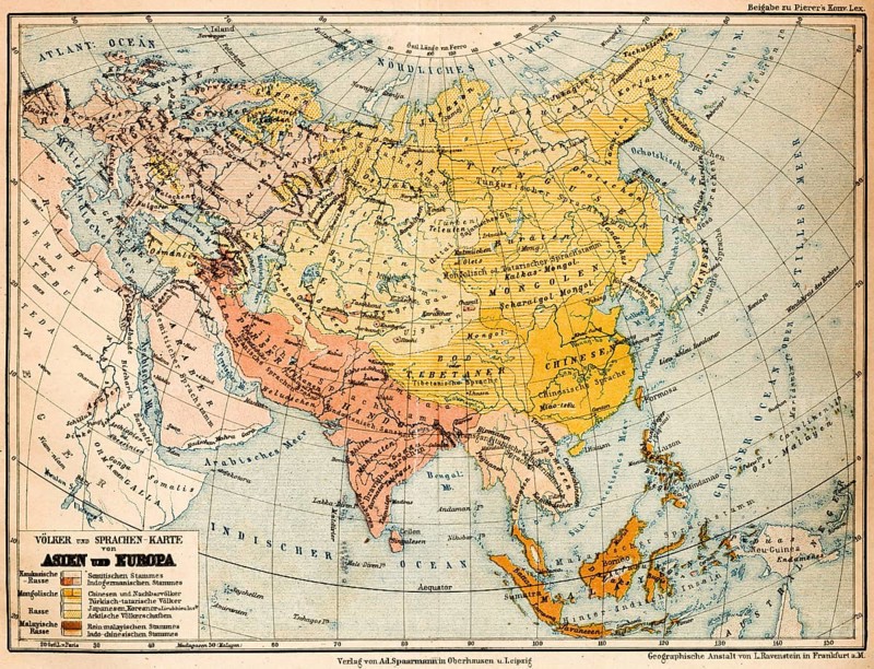 Color topographic map of the peoples and languages of Europe and Asia, scale 1, 40000000, distribution, Russia, India, Far East, China, Mongolia, Tibet, Persia, Baluzhistan, SO Asia, Middle East, Arabian Peninsula, cartography, longitude, latitude, Caucasian race, Mongolian race, Malay race, Arabs, Hindu, Persian, Tungusa, Chinese, Tatars, Tibetans Aner, topography, historical map from 1876