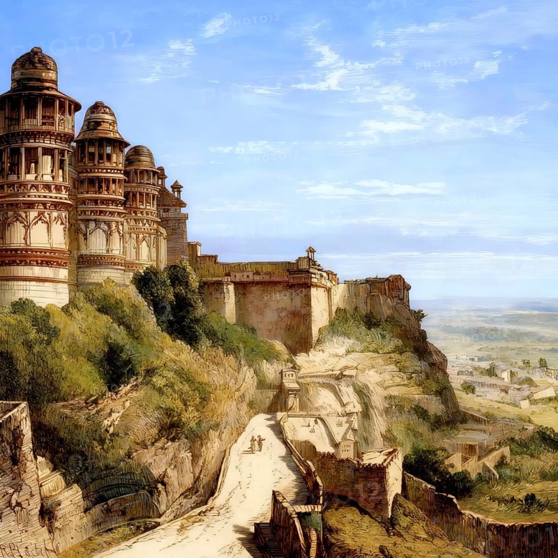 View of Gwalior Fort, Gwaliiyar Qila, Madhya Pradesh, India, c. 1840