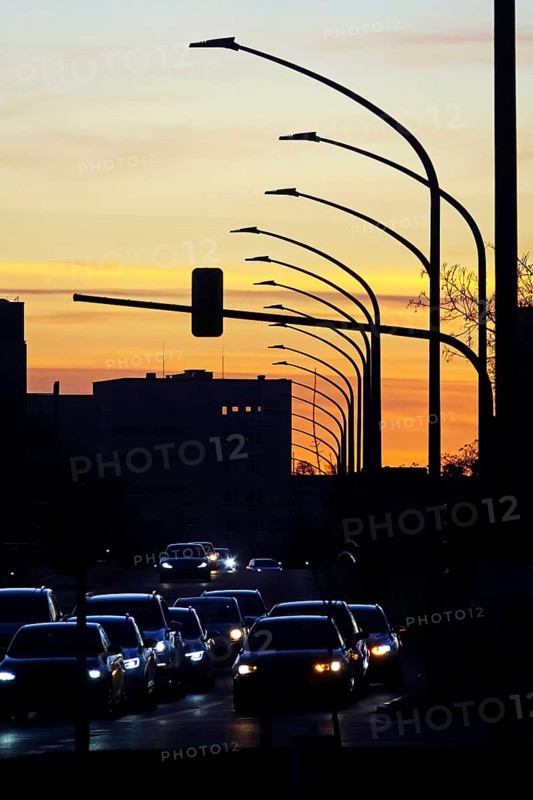 Evening rush hour traffic in a city, winter, Germany