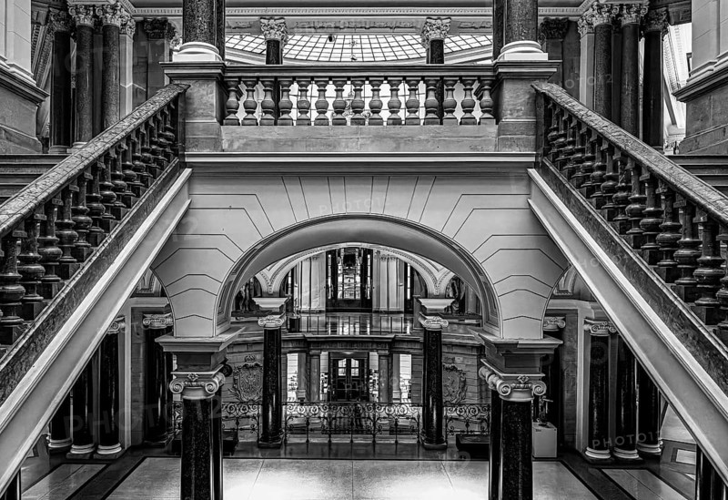 Black and white photography, interior design at the Museum of Communication on Leipziger Straße in Berlin Mitte, Classicism, Berlin, Germany