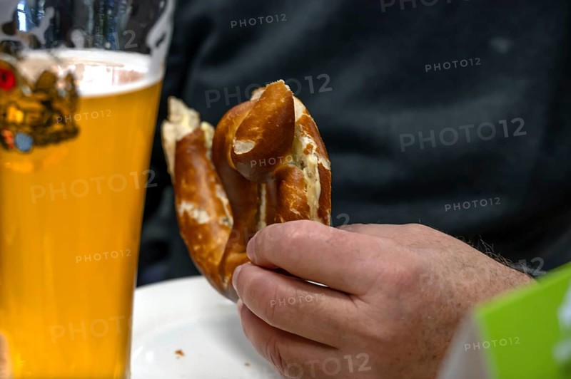 Snack with wheat beer and pretzel, Nuremberg, Middle Franconia, Bavaria, Germany