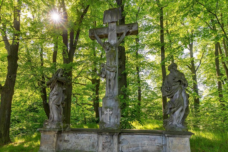 Old Way of the Cross with a group of figures of Christ on the Cross, next to Mary and John the Evangelist, St. Marienthal Abbey in Ostritz, Saxony, Germany