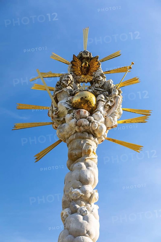 Representation of the Saint Trinity as God Father, God Son and Saint Spirit as dove, pillar of the Trinity Well in St. Marienthal Abbey, Ostritz, Saxony, Germany