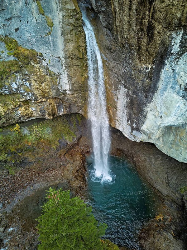 Aerial view of Berglistüber waterfall, Linthal, Klausenpass, Canton of Glarus, Switzerland