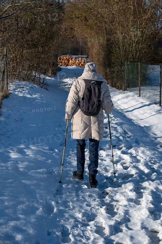 Elderly woman walking on a snow-cut path with sticks, Franconia, Bavaria, Germany