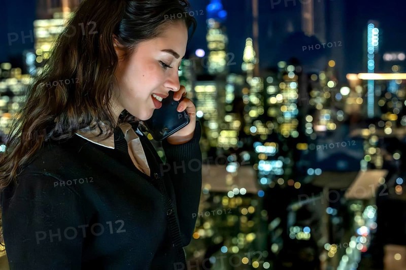 Young businesswoman smiling while talking on a mobile phone with a blurred illuminated new york city skyline as background, representing communication, success, and urban living