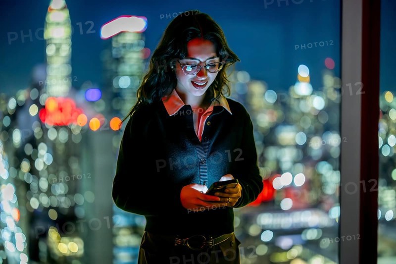 Young businesswoman with glasses smiling. Holding smartphone. And texting or browsing online during evening in a high rise office with the illuminated new york city skyline visible through the window