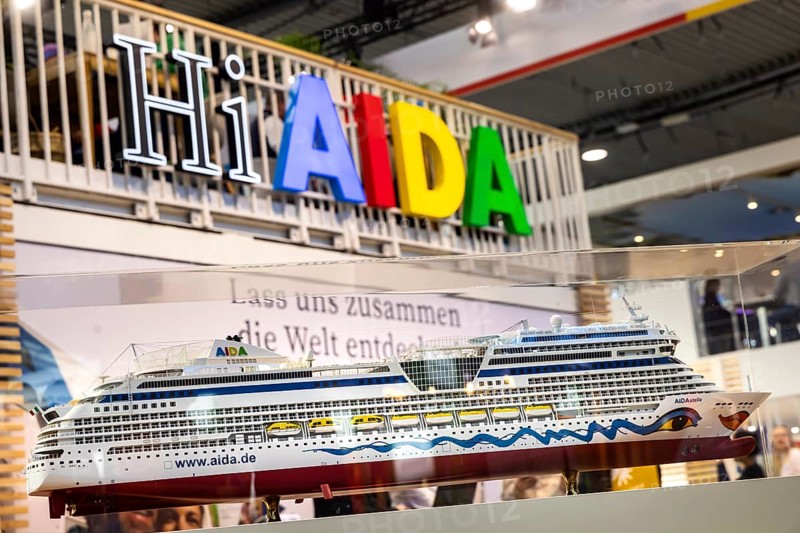 Caravan — Motor — Tourism trade fair in Stuttgart. According to the exhibition organizer, CMT is the world's largest public trade fair for tourism and leisure with 268, 000 visitors. AIDA Cruises exhibition stand with a model of a cruise ship. Stuttgart, Baden-Württemberg, Germany