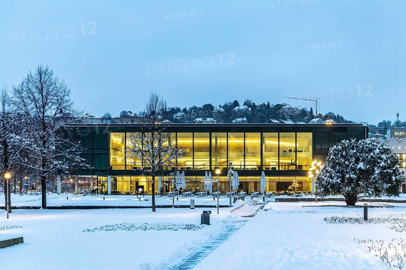 Exterior view of the state parliament building. Winter in Stuttgart. The city is wintry white early in the morning. Stuttgart, Baden-Württemberg, Germany