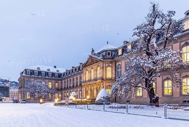 New castle. Winter in Stuttgart. The city is wintry white early in the morning. Stuttgart, Baden-Württemberg, Germany