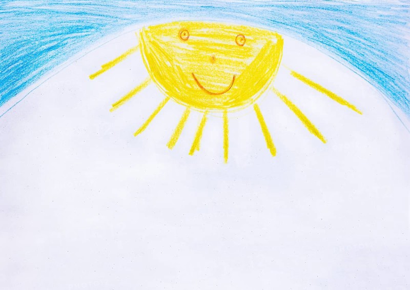 Naive illustration, children's drawing, sun with blue sky, free text, Austria