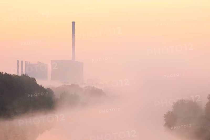 Datteln-Hamm Canal and Gersteinwerk power plant in morning fog at sunrise, Bergkamen, North Rhine-Westphalia, Germany
