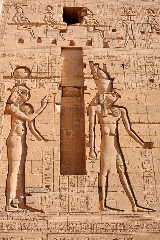Relief of the falcon-headed god Horus and the goddess Hathor, temple of Philae, UNESCO World Heritage Site, Agilkia island, Aswan, Nubia, Egypt