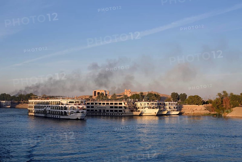 Nile cruise ships at the pier at the double temple of Kom Ombo, Kom Ombo, Egypt