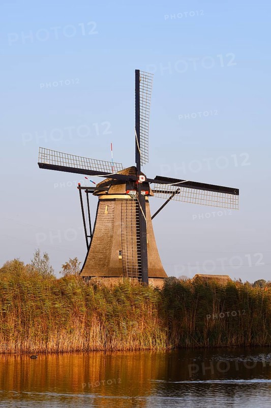 Historic windmill in evening light, UNESCO World Heritage Site, Kinderdijk, South Holland, Netherlands