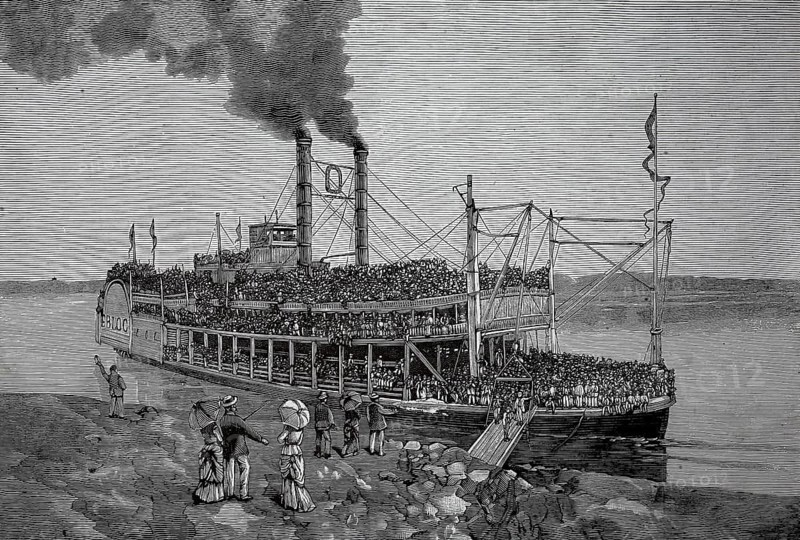 Sunday trip on the Ohio River, overcrowded steamer at the pier, overcrowding, overtourism, America, authentic, digitally restored reproduction from a 19th-century model, exact date of depiction unknown, historical