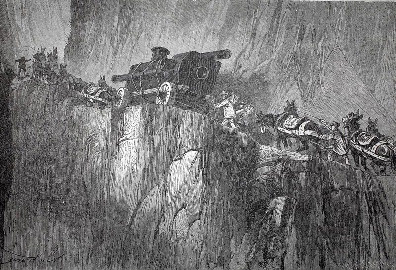 Settlers with carriages on a narrow mountain pass in Colorado, trek, 1880, America, authentic, digitally restored reproduction from a 19th century model, exact date of depiction unknown, historical