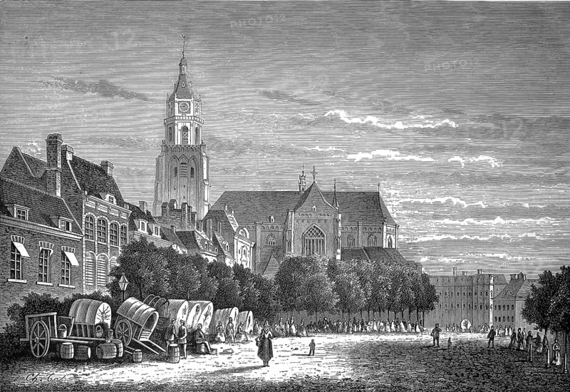 The big market in Arnhem, Holland, authentic, digitally restored reproduction from a 19th century model, exact date of presentation unknown, historical