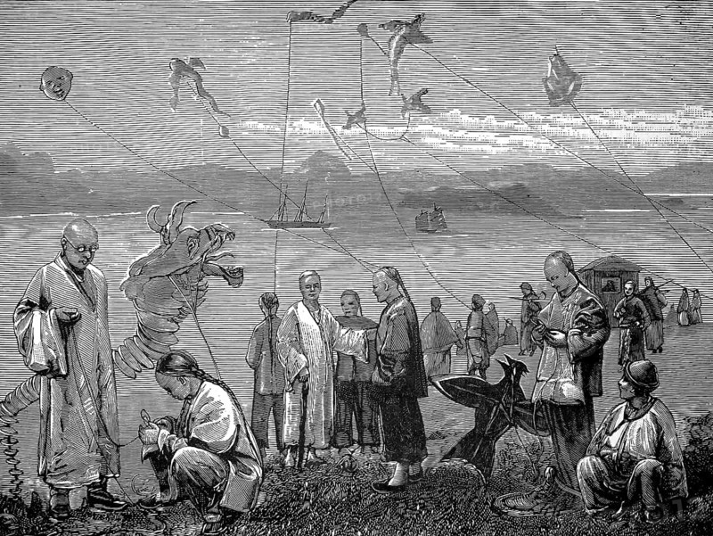 The Kite Festival in China, authentic, digitally restored reproduction from a 19th century model, exact date of depiction unknown, historical