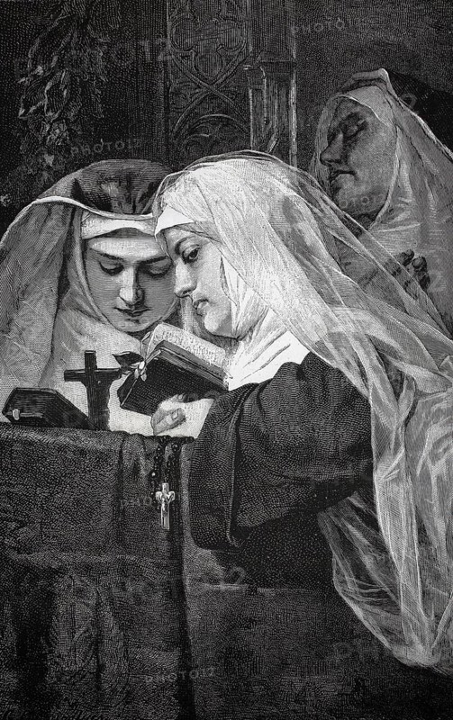 Nuns praying in a monastery, authentic, digitally restored reproduction from a 19th century model, exact date of presentation unknown, historical