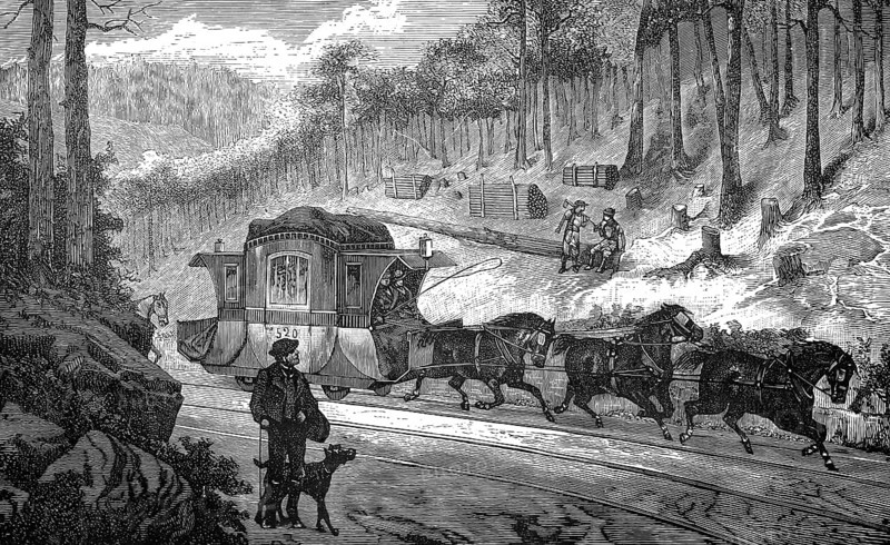 The first horse-drawn tram, horse-drawn tram, is a historic mode of transport that travels on rails and is pulled by horses, Austria, authentic, digitally restored reproduction from a 19th century original, exact date of depiction unknown, historical