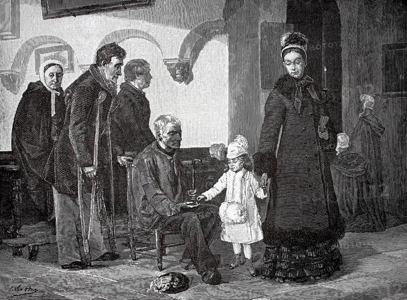 Family going to church, child giving alms to a beggar, charity, Germany, authentic, digitally restored reproduction from a 19th century model, exact date of presentation unknown, historical