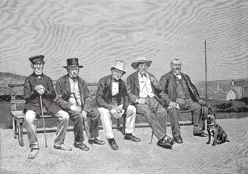 The pensioner's bench, five old men sitting on a bench, Sunday afternoon, watching the surrounding area, America, authentic, digitally restored reproduction from a 19th-century original, exact date of depiction unknown, historical