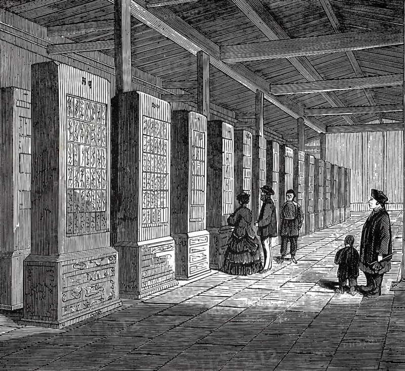 Public library in China, 1880, authentic, digitally restored reproduction from a 19th century model, exact date of presentation unknown, historical
