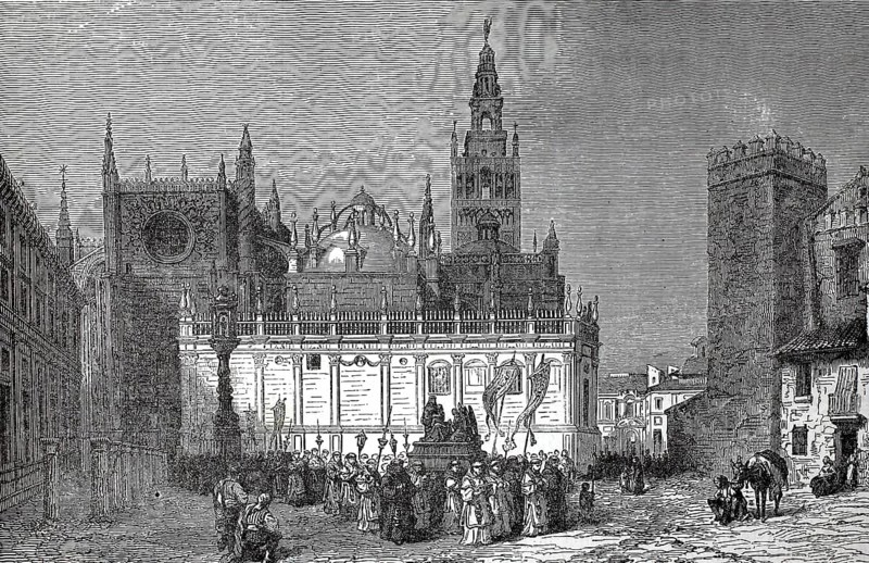 The Cathedral of Seville, 1880, Spain, authentic, digitally restored reproduction from a 19th century model, exact date of depiction unknown, historical