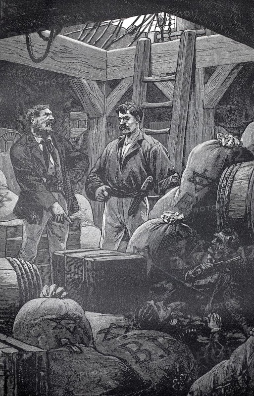 The sailors have discovered that there are blind passengers hiding among the load, seafaring, 1880, authentic, digitally restored reproduction from a 19th century original, exact date of depiction unknown, historical