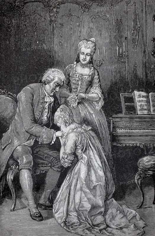 The daughter pays homage to the father and kisses his hand, the mother watches, 1880, France, authentic, digitally restored reproduction from a 19th century model, exact date of presentation unknown, historical