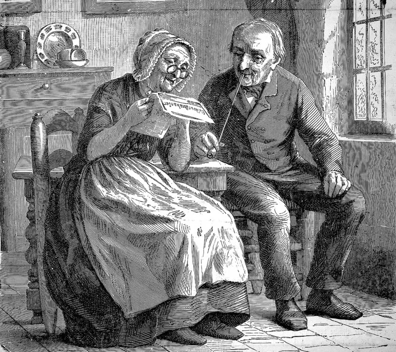 Grandparents, elderly couple sitting at the kitchen table, she reads from the newspaper, he smokes a pipe, around 1880, Holland, authentic, digitally restored reproduction from a 19th century original, exact date of presentation unknown, historical