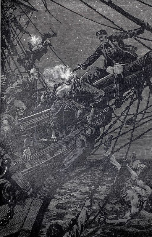 Battle of a group of pirates on a ship, they have already boarded the ship and the captain shoots a pistol at one of the pirates, authentic, digitally restored reproduction from a 19th century original, exact date of depiction unknown, historical
