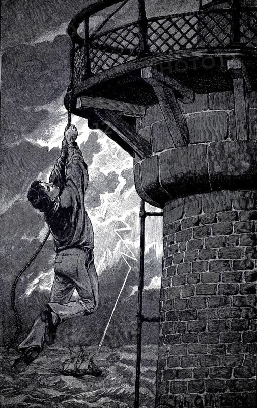 Between sky and ocean, man holding onto a rope attached to a lighthouse, authentic, digitally restored reproduction from a 19th-century original, exact date of depiction unknown, historical