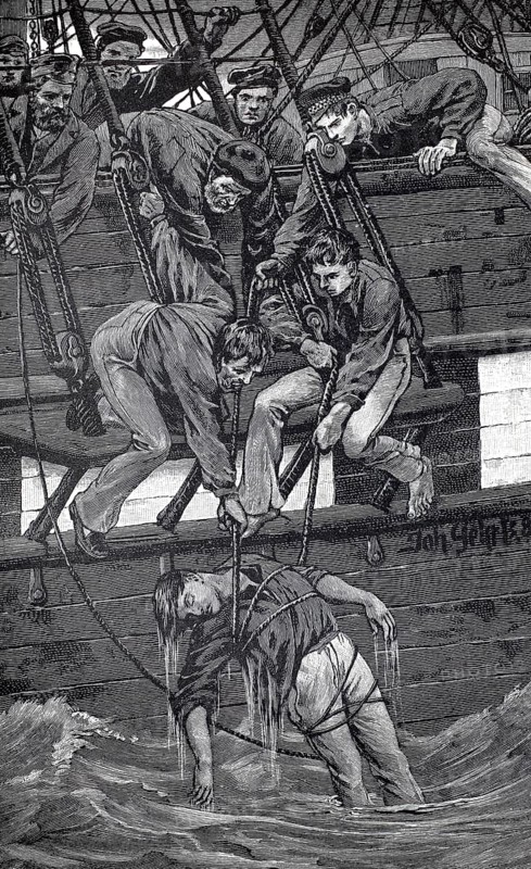 Alive or dead, the sailors pull a castaway out of the water, authentic, digitally restored reproduction from a 19th-century original, exact date of depiction unknown, historical