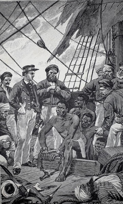 The freed victims, soldiers have controlled a slave trader ship and free the captured slaves, authentic, digitally restored reproduction from a 19th century model, exact date of depiction unknown, historical