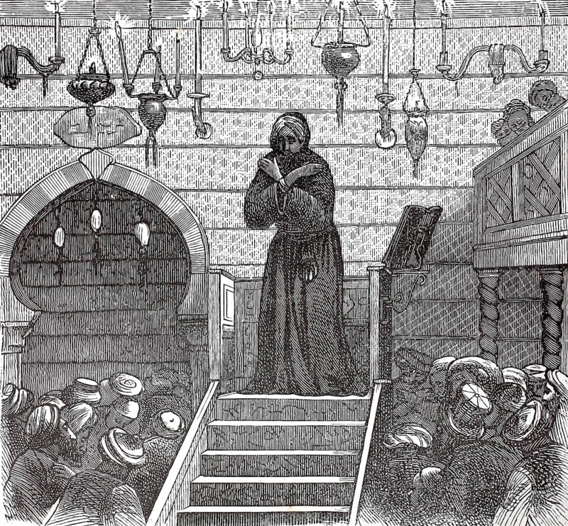 A praying imam in the mosque, authentic, digitally restored reproduction from a 19th-century model, exact date of depiction unknown, historical