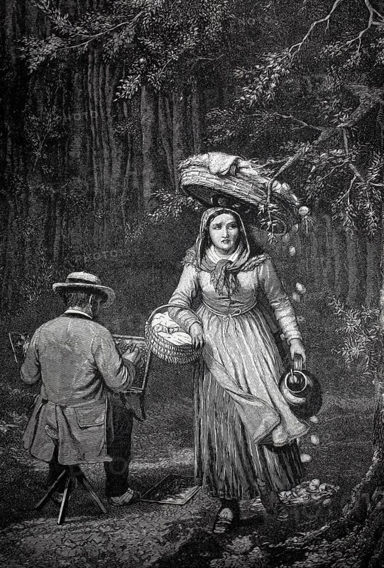 Woman carrying a basket on her head, is distracted by a painter and dazzling with it hanging from a branch and the fruit falls on the ground, authentic, digitally restored reproduction from a 19th century model, exact date of depiction unknown, historical