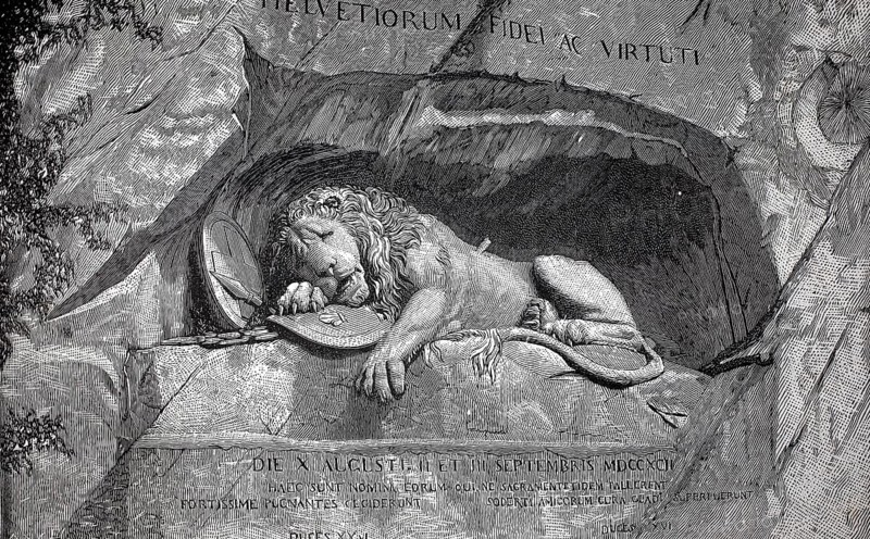 The Dying Lion of Thorwaldsen is the famous Lucerne Lion Monument, a sculpture carved into a rock that commemorates the Swiss guardsmen who died in Paris in the Tuileries Storm of 1792, Bertel Thorvaldsen designed the memorial depicting the death of soldiers for their oath of loyalty, authentic, digitally restored reproduction of a 19th-century original, exact date of depiction unknown, historical