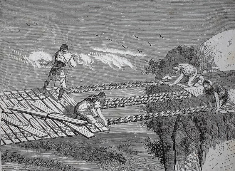 A rope bridge, dew bridge, suspension bridge whose walkway follows the sagging suspension cables, in Japan, authentic, digitally restored reproduction from a 19th century model, exact date of depiction unknown, historical
