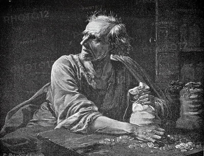 Old miser, man with bags full of money and coins on the table, authentic, digitally restored reproduction from a 19th century model, exact date of presentation unknown, historical