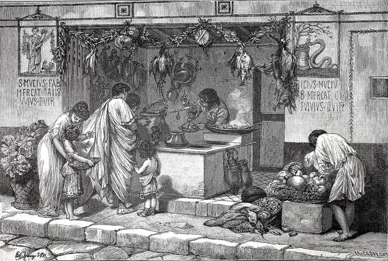 A shop in ancient Rome, Italy, authentic, digitally restored reproduction from a 19th century model, exact date of presentation unknown, historical