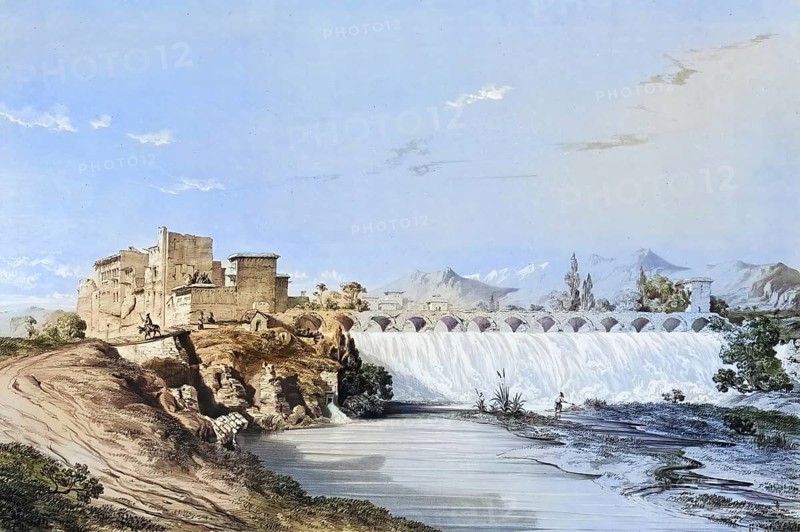 Waterfall of Bend-Amir or the Fall of Bend-Amir, historical dam or water outlet near Persepolis, Iran, authentic, digitally restored reproduction from a 19th century model by Eugene Flandin (1809-1876), exact date of depiction unknown, historical, coloured