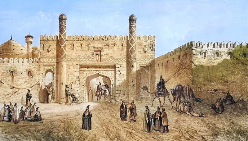 City gates in old Tehran, Iran, authentic, digitally restored reproduction from a 19th century model by Eugene Flandin (1809-1876), exact date of depiction unknown, historical, coloured