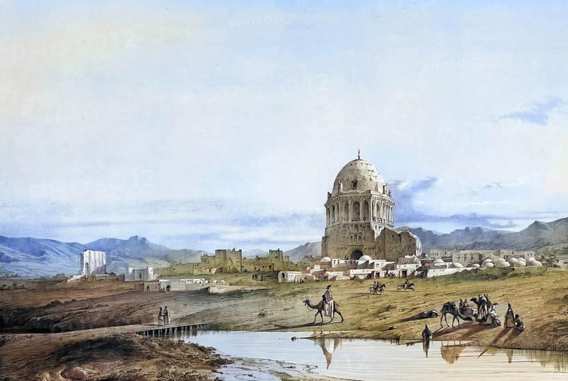 Soltaniyeh or Soltanie, a city in Iran that was a temporary capital under the Ilkhans in the 14th century and is now a tranquil village with mud houses and the famous Soltaniye dome, a UNESCO World Heritage Site, authentic, digitally restored reproduction from a 19th century model by Eugene Flandin (1809-1876), exact date of depiction unknown, historical, coloured