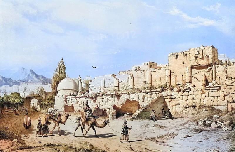 Ruins of a Greek temple, in Kincavar Kingavar, also spelled Kangavar, Iran, authentic, digitally restored reproduction from a 19th century model by Eugene Flandin (1809-1876), exact date of depiction unknown, historical, coloured
