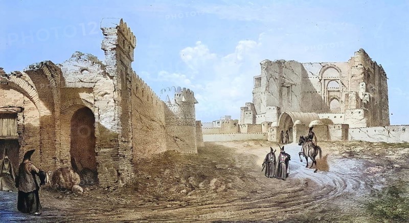 Palace of Zobeideh, palace of Zubaida Khatun, the woman of Caliph Harun al-Rashid, in Tabriz, Iran, authentic, digitally restored reproduction from a 19th century model by Eugene Flandin (1809-1876), exact date of depiction unknown, historical, coloured